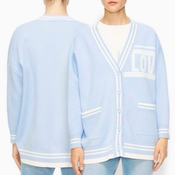 Sandro Paris Opera 'LOVE' Varsity Striped Cardigan Sweater Blue & White L - Picture 2 of 16